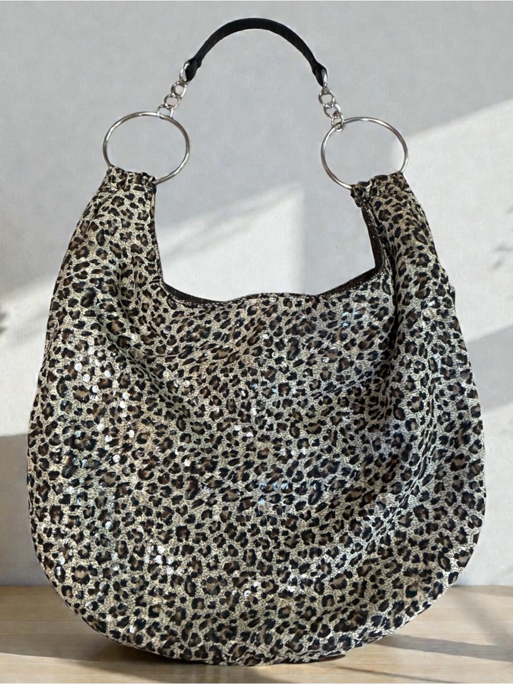 Leopard Print Hobo Bag with Silver Ring Handles